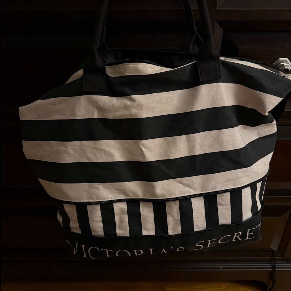 Victoria's Secret Black and Pink Striped Tote Bag